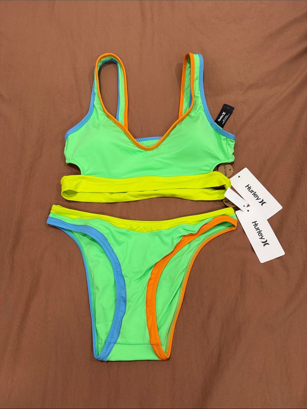 Hurley Neon Green Bikini with Orange, Blue and Yellow Trim